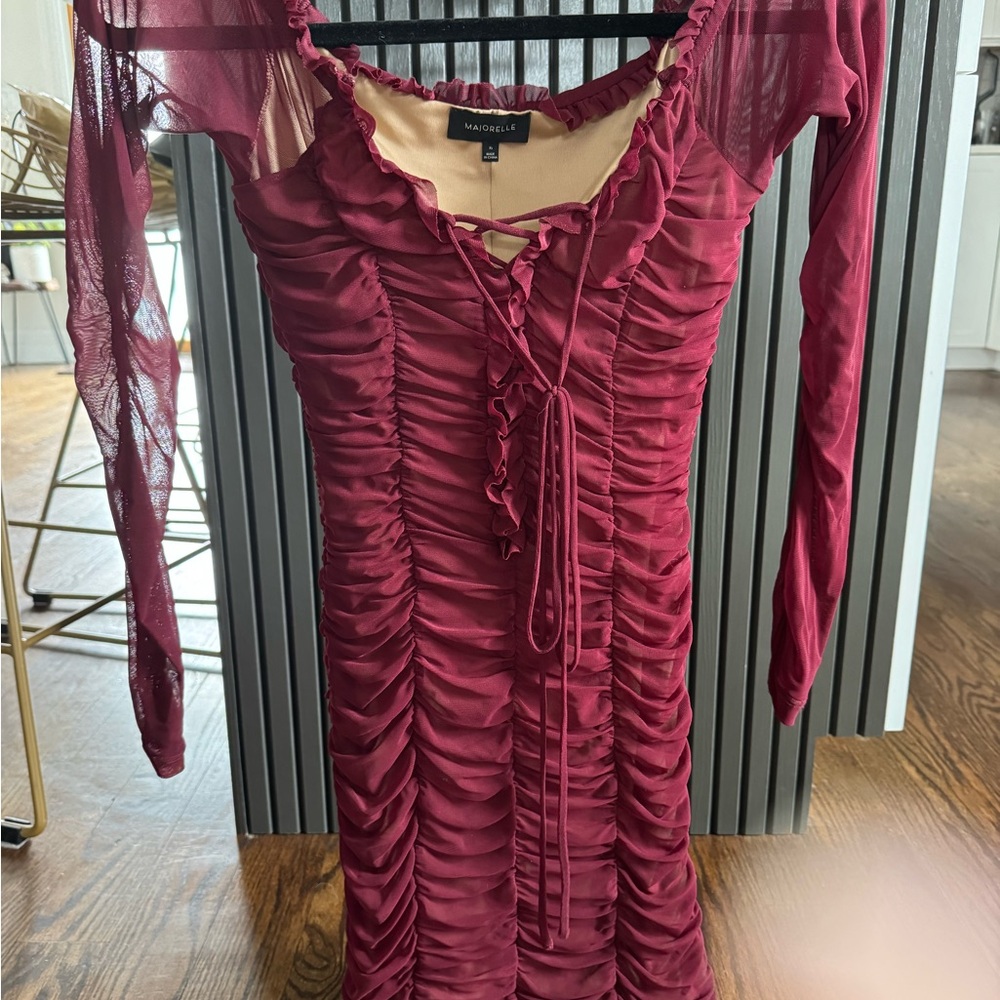 MAJORELLE Wine Ruched Long Sleeve Midi Dress